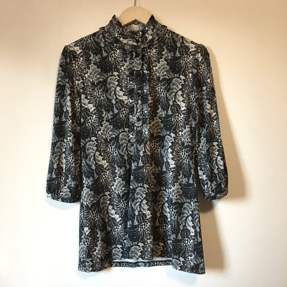 Victorian Dark Coquette Frilly Mock Neck Lace Print Blouse - Small